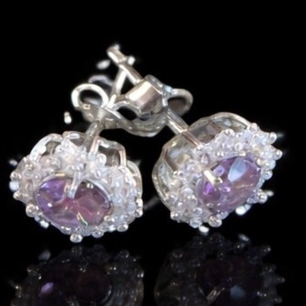Moissanite Earrings Halo amethyst hue Sunburst Stud Earrings Sterling Silver - Picture 3 of 8